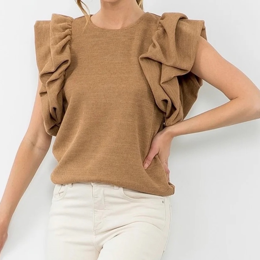 Birdie Ruffle Sleeveless Sweater- Camel